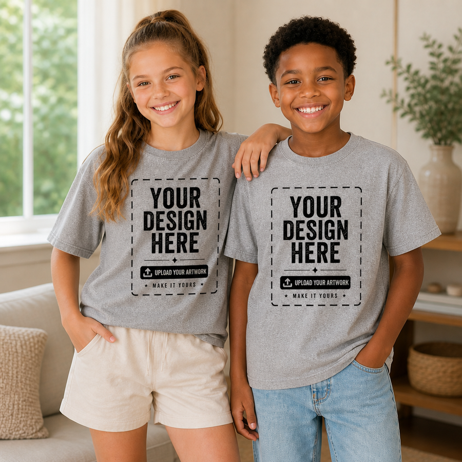 Models wearing PrintMyFit graphic T-shirts on a city street